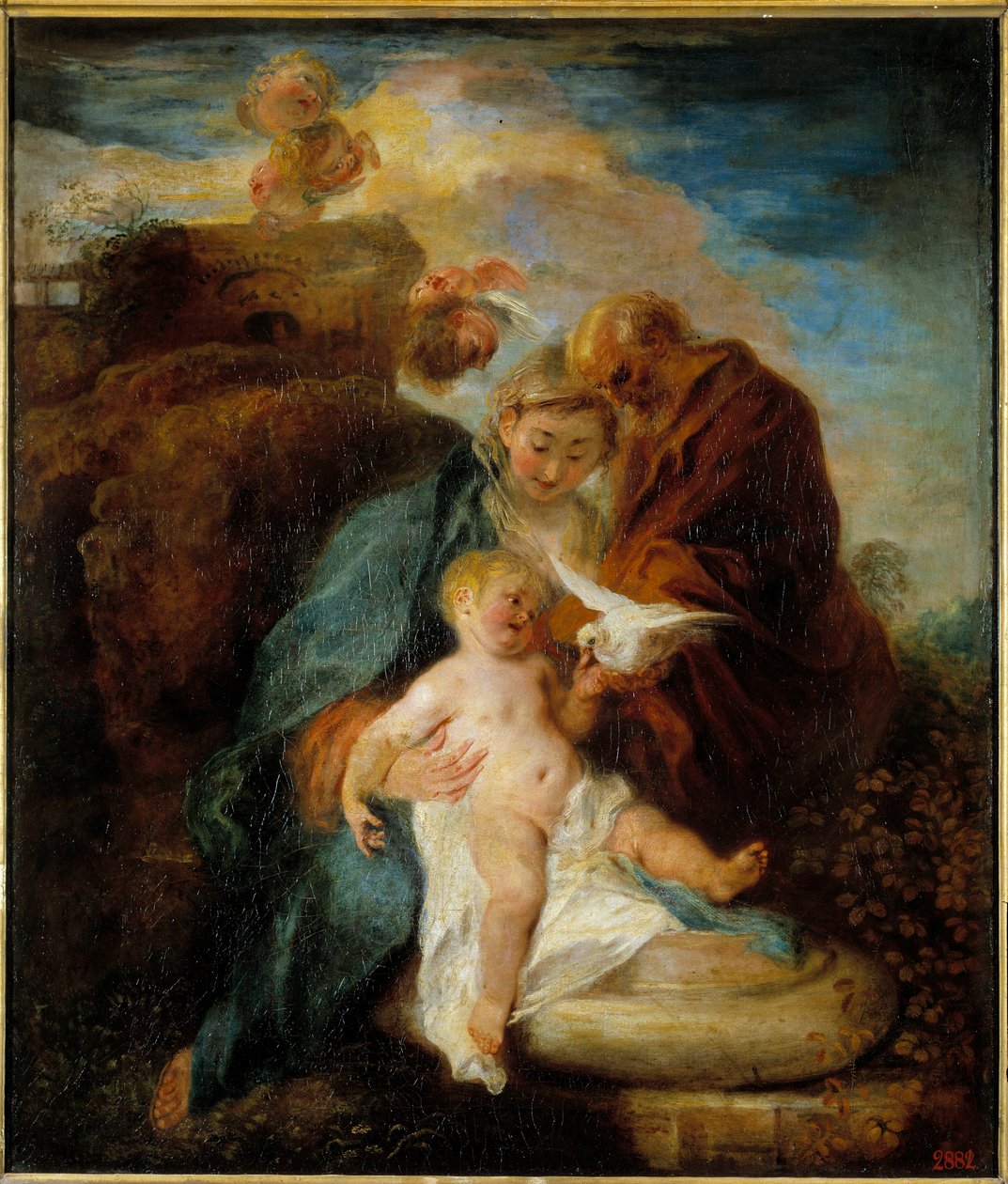 Svatá rodina, zbytek během letu do Egypta Obraz Jean Antoine Watteau (1684-1721) 18. století Petrohrad, Ermitáž muzeum od Jean Antoine Watteau