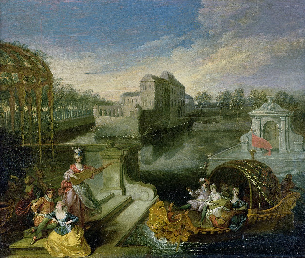 Jaro: Fete Champetre ve vodní zahradě s postavami ve člunu od Jean Antoine Watteau