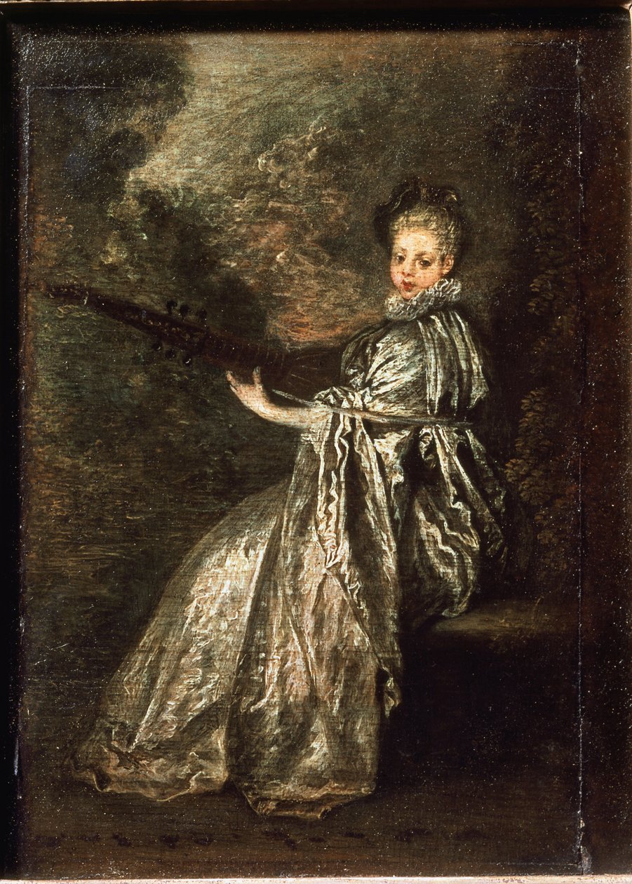 Finette dívka hrající na strunný hudební nástroj - olej na plátně od Jean Antoine Watteau