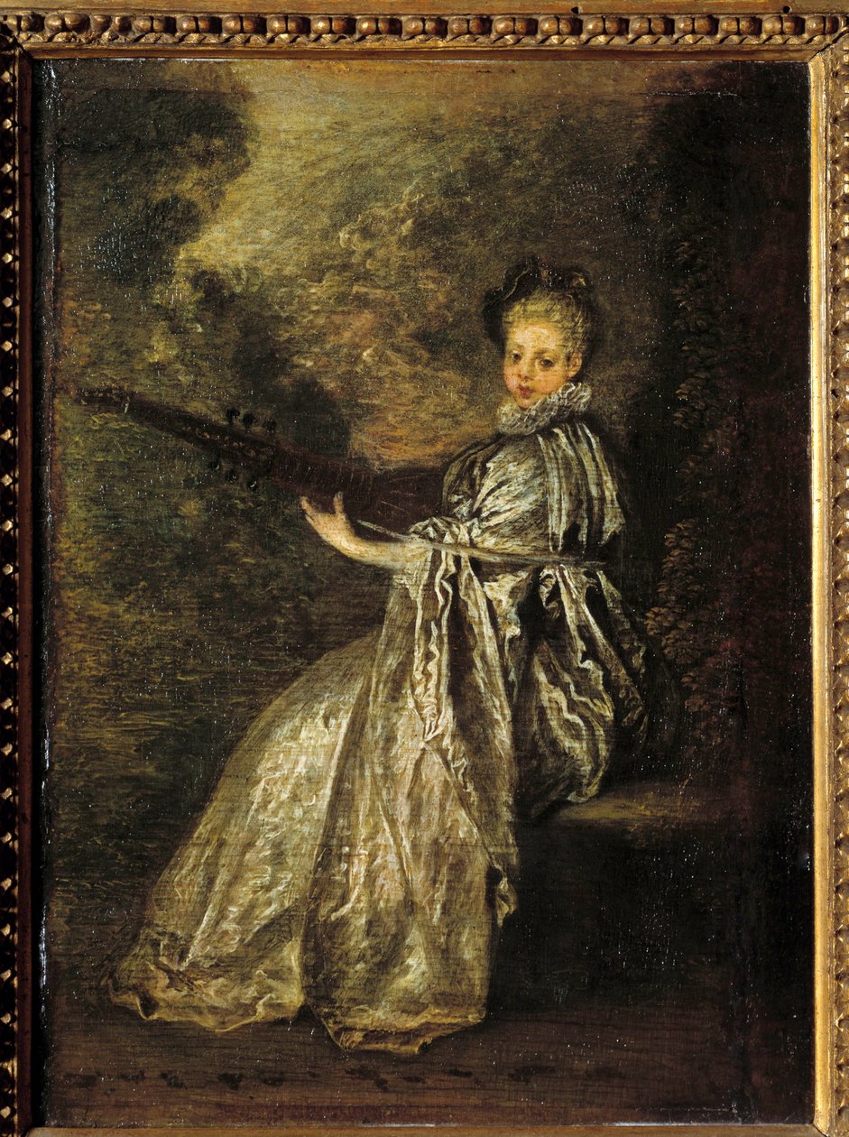 Finette dívka hrající na strunný hudební nástroj. Obraz Jean Antoine Watteau (1684-1721) 18. století Sun. 0,25 x 0,19 m od Jean Antoine Watteau