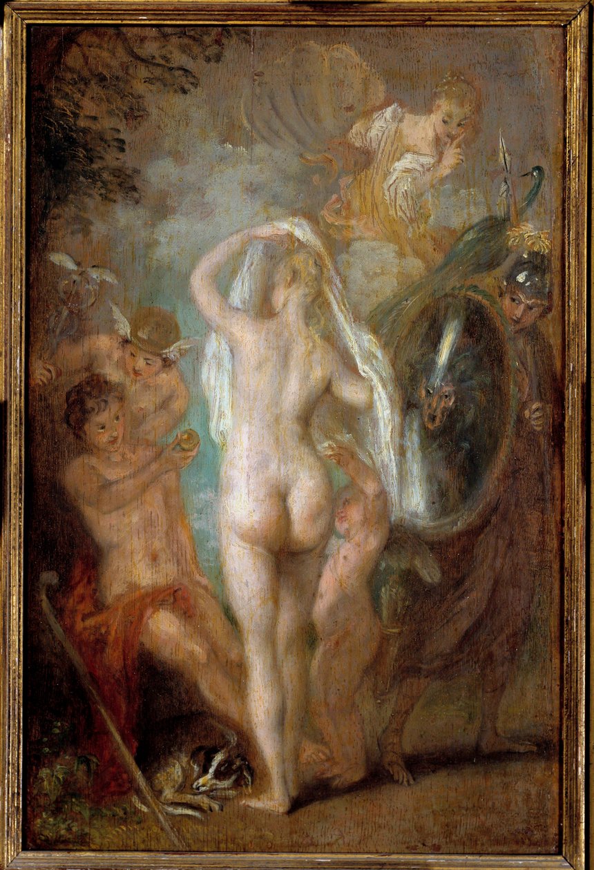 Rozsudek Paříže Pastýř Paris si musí vybrat, komu dá zlaté jablko, aby navrhl nejkrásnější ze tří bohyní, Athénu, Afroditu nebo Héru. Obraz Jean Antoine Watteau (1684-1721) Sun. 0,47x0,31 m od Jean Antoine Watteau