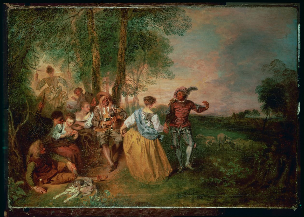 Pastýři (malba na dřevě) od Jean Antoine Watteau