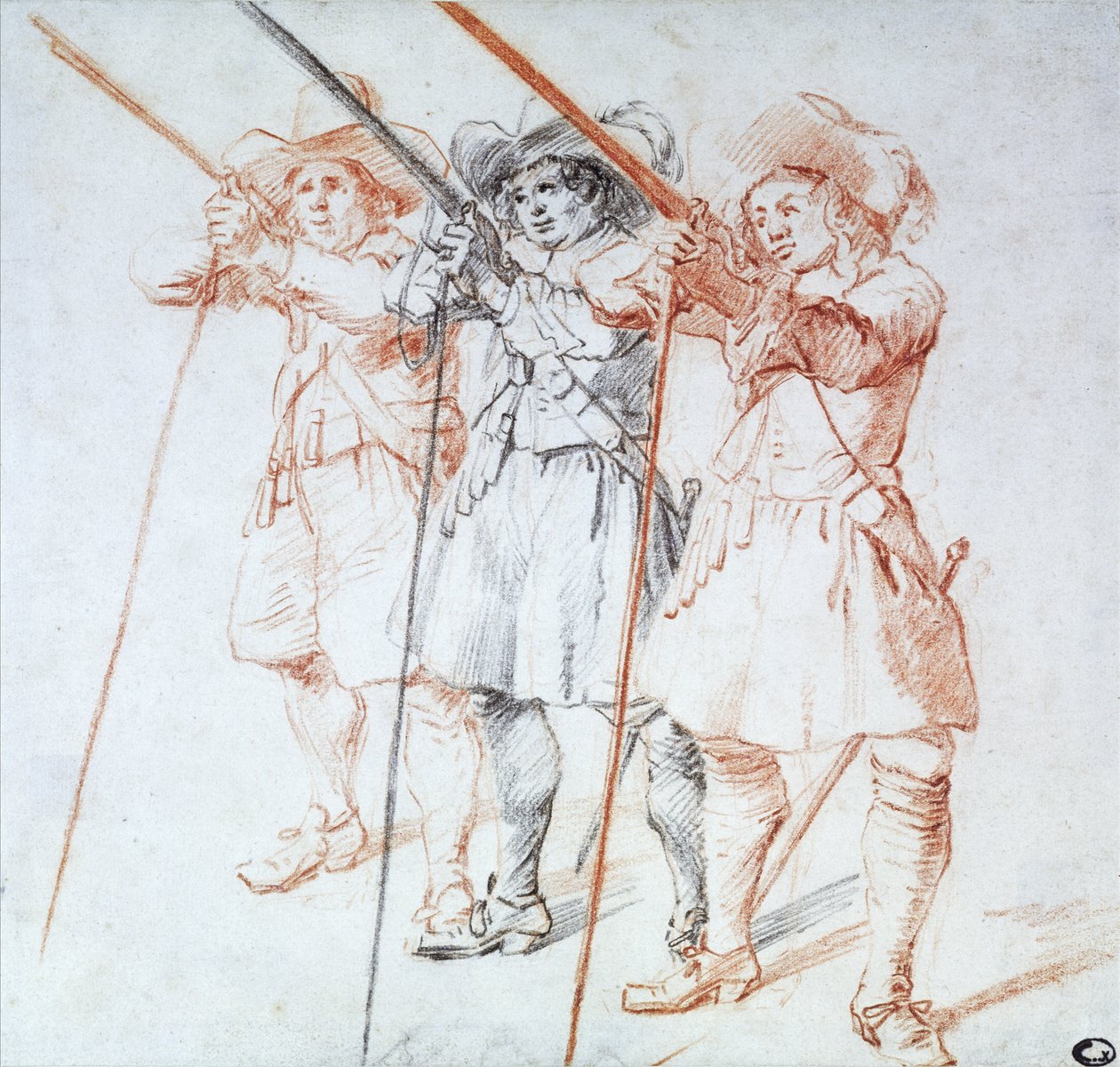 Tři arkebuzíři, 1712 (černá a červená křída na papíře) od Jean Antoine Watteau