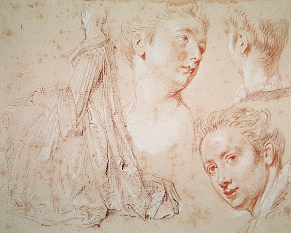 Tři hlavy a sedící žena, cca 1716 (pastel s černou a červenou křídou na papíře) od Jean Antoine Watteau
