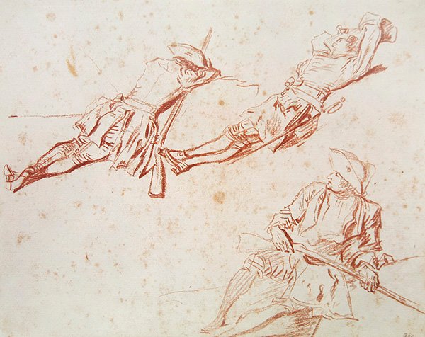 Tři odpočívající vojáci, 1709 (červená křída na papíře) od Jean Antoine Watteau