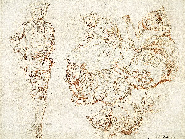 Dva muži a čtyři kočky (červená křída na papíře) od Jean Antoine Watteau