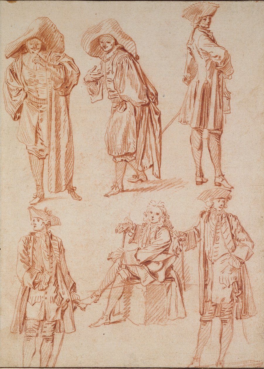 Dvě studie doktora v italské komedii a čtyři důstojníci, 18. století od Jean Antoine Watteau