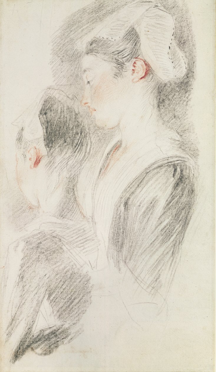 Dvě studie ženy, tři čtvrtiny zezadu, jedna z profilu (sangvinik a černá křída na papíře) od Jean Antoine Watteau
