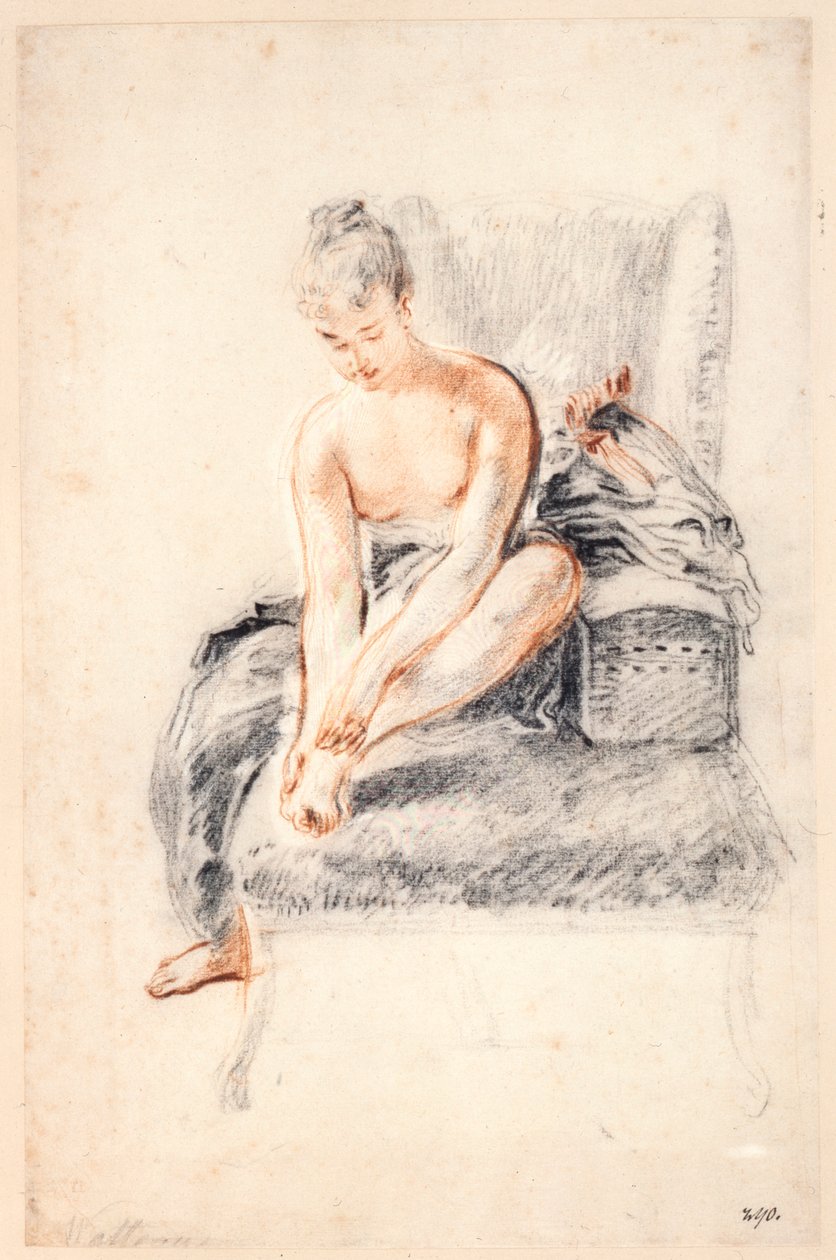 Mladá žena, nahá, držící jednu nohu v rukou, 1716-18. od Jean Antoine Watteau