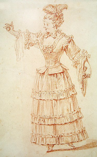 Tanečnice opery (červená křída na papíře) od Jean Antoine Watteau