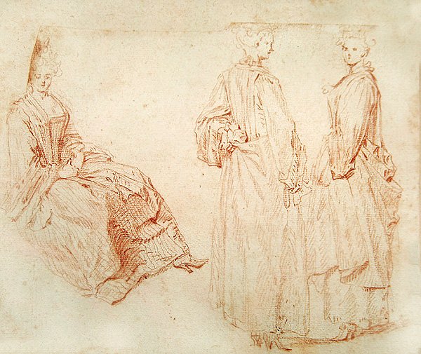 Tři ženy, jedna sedící vlevo (červená křída na papíře) od Jean Antoine Watteau