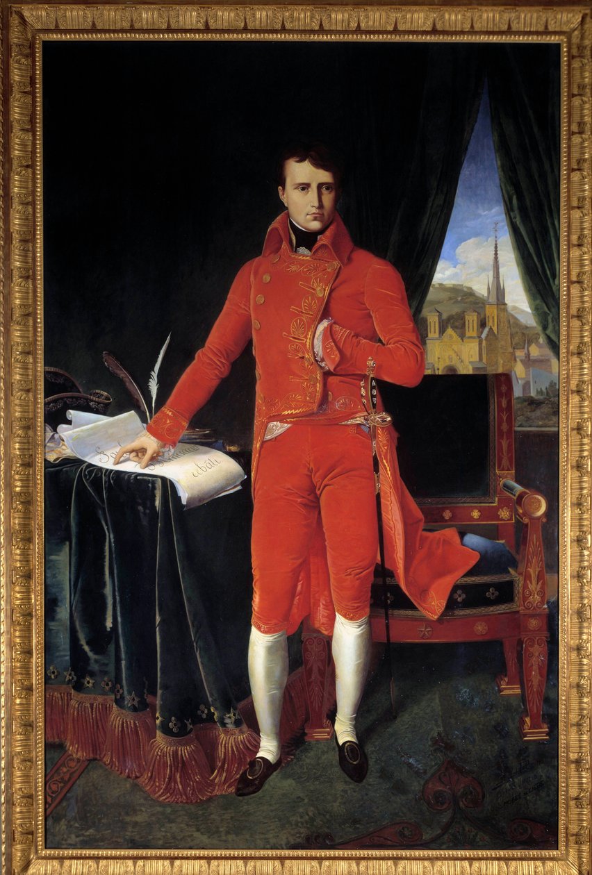 Celovečerní portrét Napoleona Bonaparta (1769-1821) jako prvního konzula Obraz Josepha Pela po Jean-Auguste-Dominique Ingres (Jean Auguste Dominique) (1780-1867) 1929 Sun. 1,2x2,2m. Malmaison, Hradní muzeum Pozor! Použití tohoto díla může být předmětem od Jean Auguste Dominique (after) Ingres