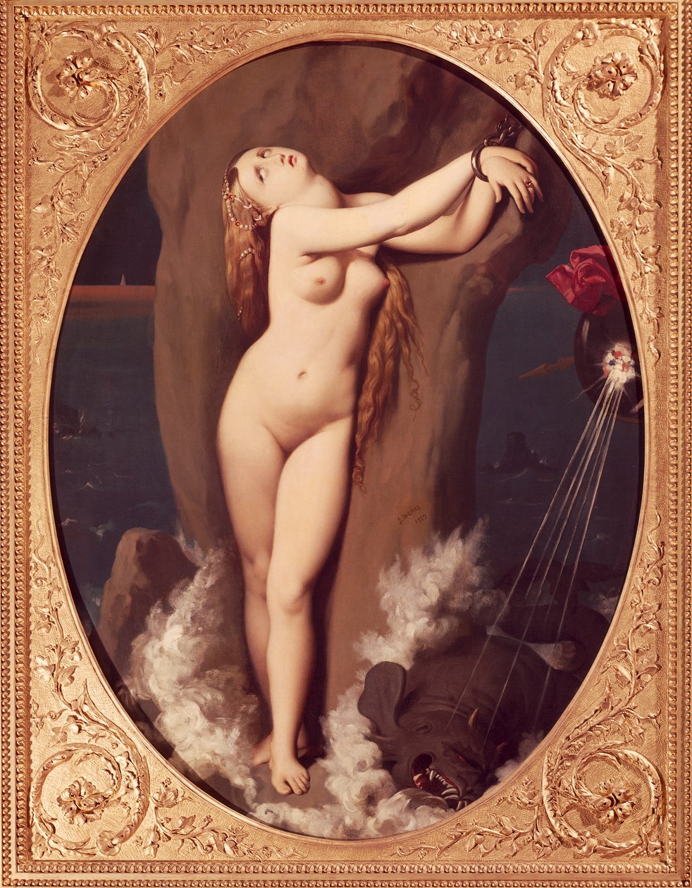 Angelica spoutaná řetězem od Jean Auguste Dominique Ingres (1780-1867), olej na plátně, 97x75 cm, První verze Ruggiera zachraňujícího Angeliku od Jean Auguste Dominique Ingres