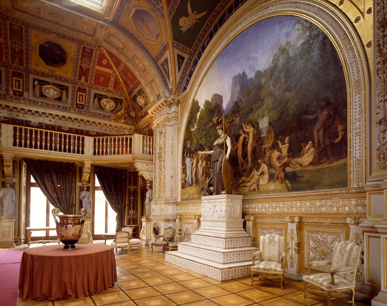 Taneční sál Chateau de Dampierre s freskami od Ingrese a kolosální sochou Minervy, Francie od Jean Auguste Dominique Ingres