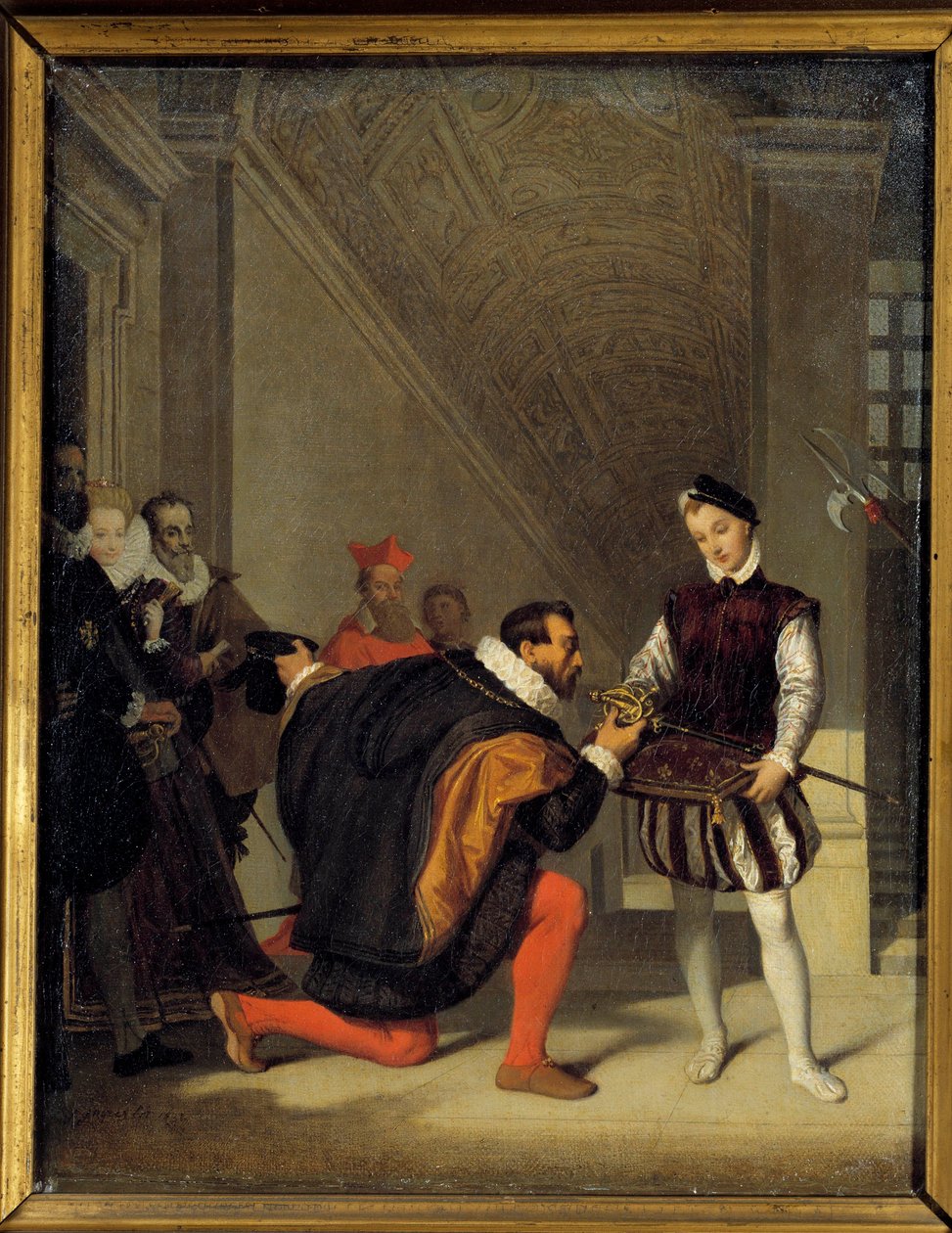 Don pedro de Toledo, velvyslanec Filipa II. líbající meč Jindřicha IV. (1553-1610). Schodiště Henri II v Louvru. Obraz Jean Auguste Dominique Ingres (1780-1867) 19. století Sun. 0,36x0,28 m - Don Pedro de Toledo, velvyslanec Filipa II. od Jean Auguste Dominique Ingres