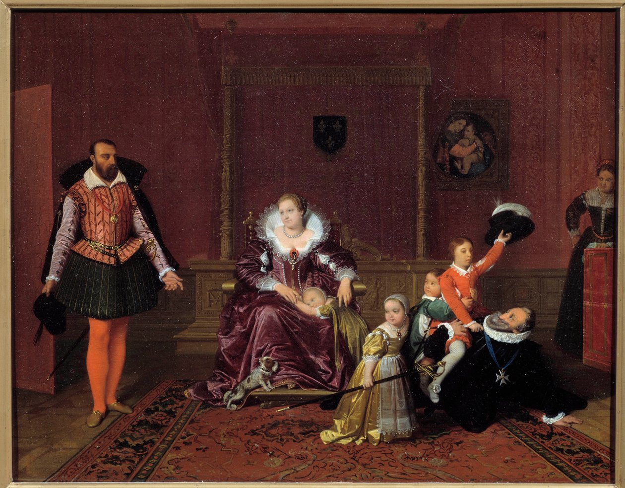 Francouzský král Jindřich IV. (1553-1610) si hraje se svými dětmi před španělským velvyslancem Uprostřed, královnou Marií Medicejskou, jsou děti Ludvík XIII., Alžběta Francouzská, Christine Francouzská a Nicolas. Obraz Jean Auguste Dominique Ing od Jean Auguste Dominique Ingres
