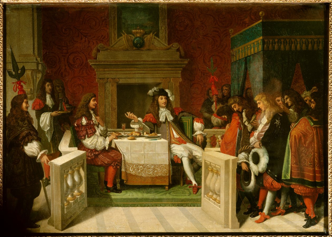 Ludvík XIV. a Moliere: Král Ludvík XIV. (1638-1715) a Jean Baptiste Poquelin dit Moliere (1622-1673) u stolu před dvořany. Obraz Jean Auguste Dominique Ingres (1780-1867) od Jean Auguste Dominique Ingres