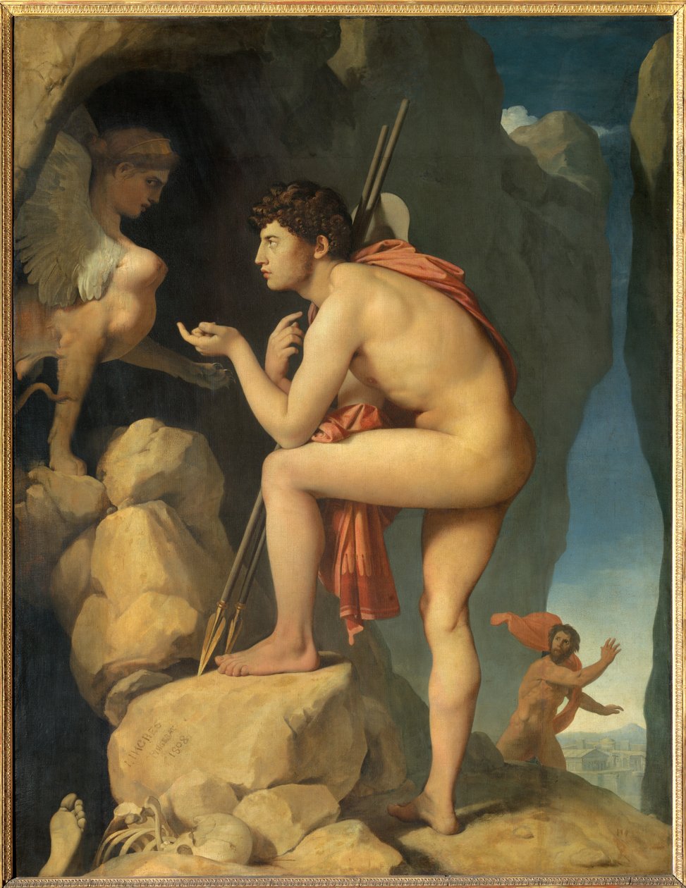Oidipus vysvětluje záhadu sfingy Obraz Jean Auguste Dominique Ingres (1780-1867) 1808 Sun. 1,89 x 1,44 m - Oidipus vysvětluje hádanku Sfingy. Obraz Dominique Ingres (1780-1867) od Jean Auguste Dominique Ingres