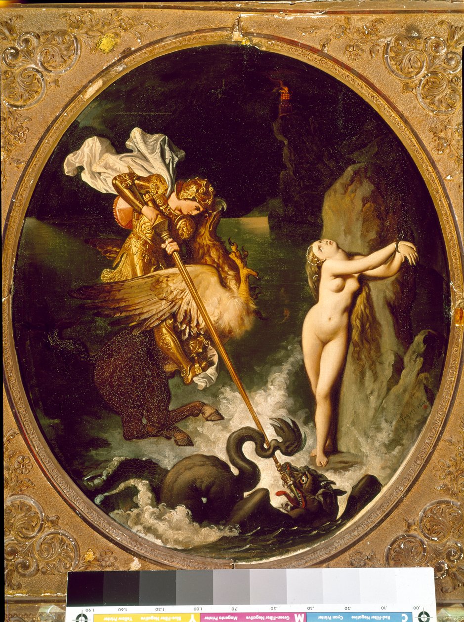 Roger delivrant Angelique Angelique (Angelica) je vysvobozena Rogerem (Ruggero, Ruggiero) jede na hrochovi - Ilustrace písně X „“ Zuřivého Rolanda“ (Orlando furioso) od Ludovica Ariosta (Ariosto) - Obraz Jean Auguste Dominique Ingres ( 178 od Jean Auguste Dominique Ingres