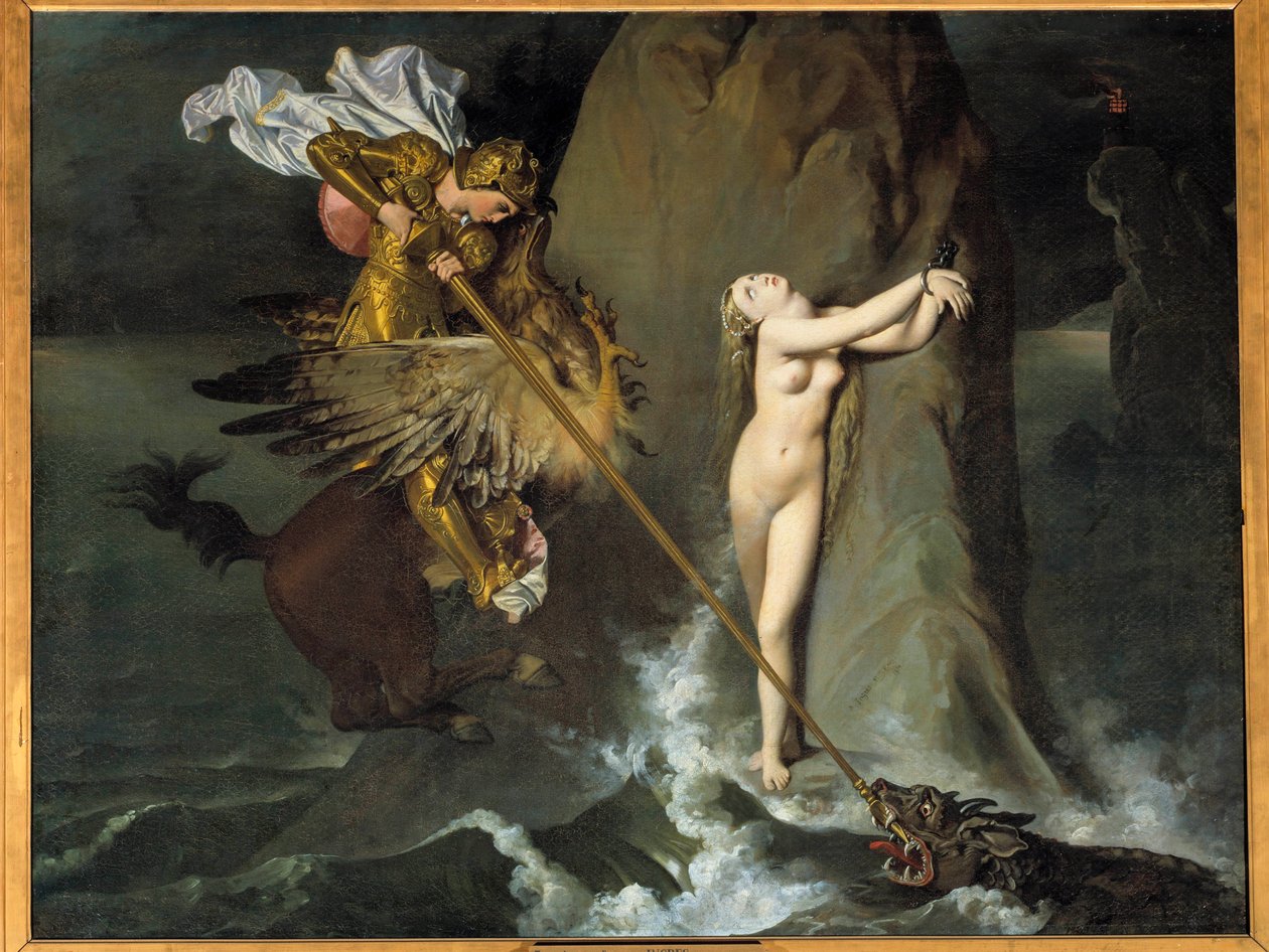 Roger delivrant Angelique Angelique (Angelica) je vysvobozena Rogerem (Ruggero, Ruggiero) jede na hrochovi - Ilustrace X Chant „“Zuřivého Rolanda““ (Orlando furioso) od Ludovica Ariosta (Ariosto) – Malba Jean Auguste Dominique Ingres (1 od Jean Auguste Dominique Ingres