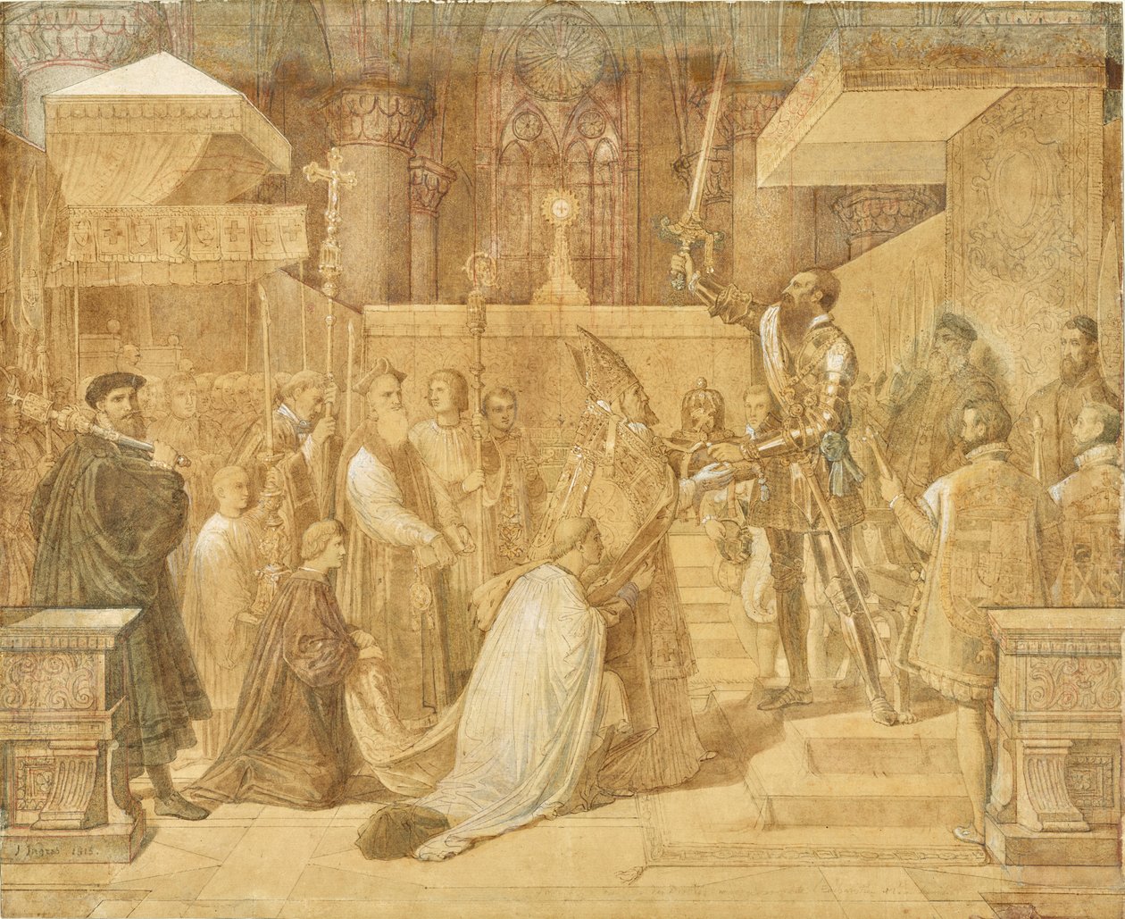Vévoda z Alby přijímá papežovo požehnání v katedrále Sainte-Gudule v Bruselu od Jean Auguste Dominique Ingres