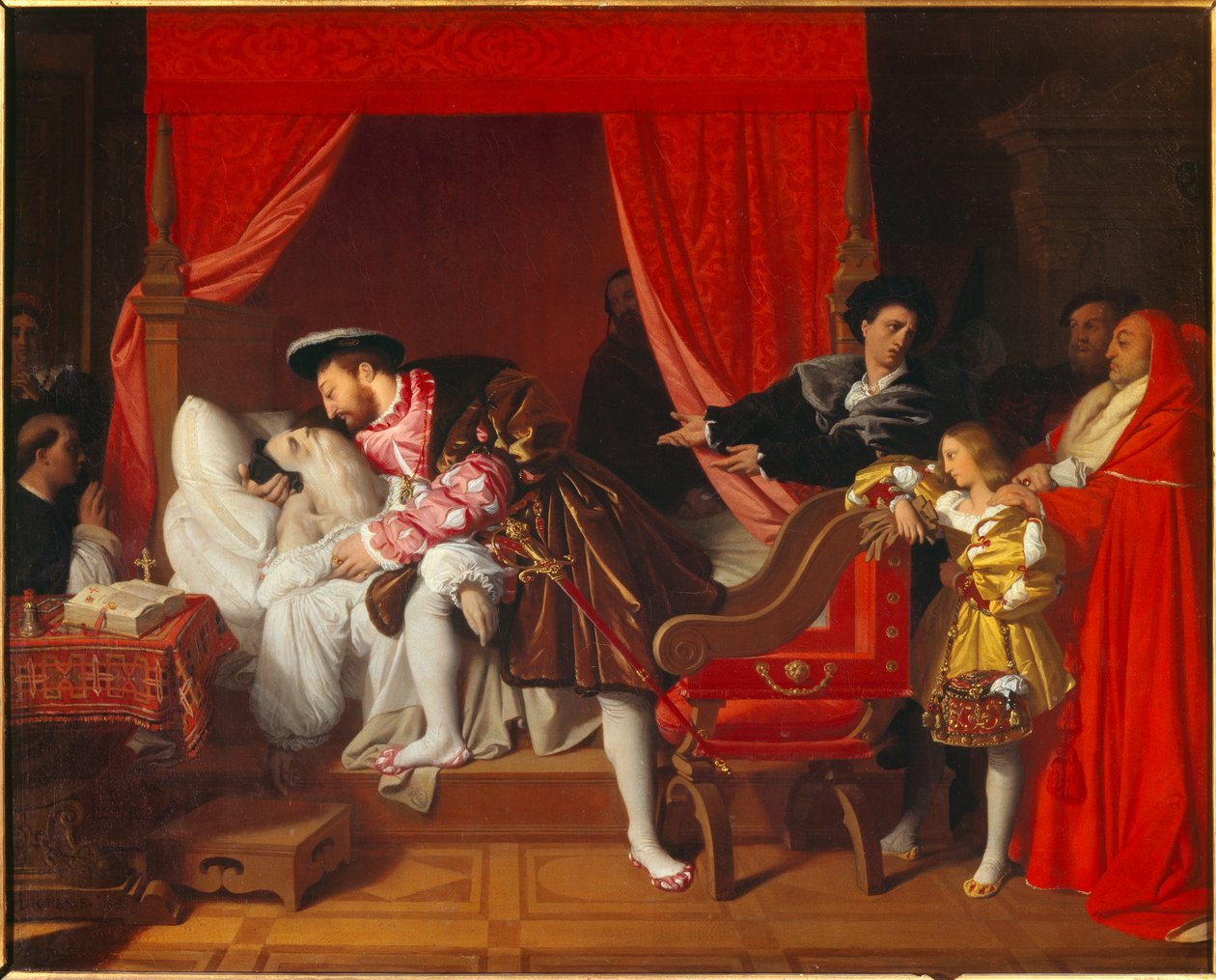 Francouzský král Francois I. (1492-1547) přijímá poslední vzdechy Leonarda de Vinci v Clos Luce od Jean Auguste Dominique Ingres