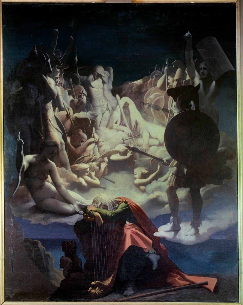 Ossianův sen Ilustrace opery „“Ossian or the Bards““ od Jeana Francoise (Jean-Francois) Le Sueur (Lesueur) (1760-1837), bard Ossian byl skotský básník 3. století čtený Napoleonem, je to reprezentant spící na lyře, behi od Jean Auguste Dominique Ingres