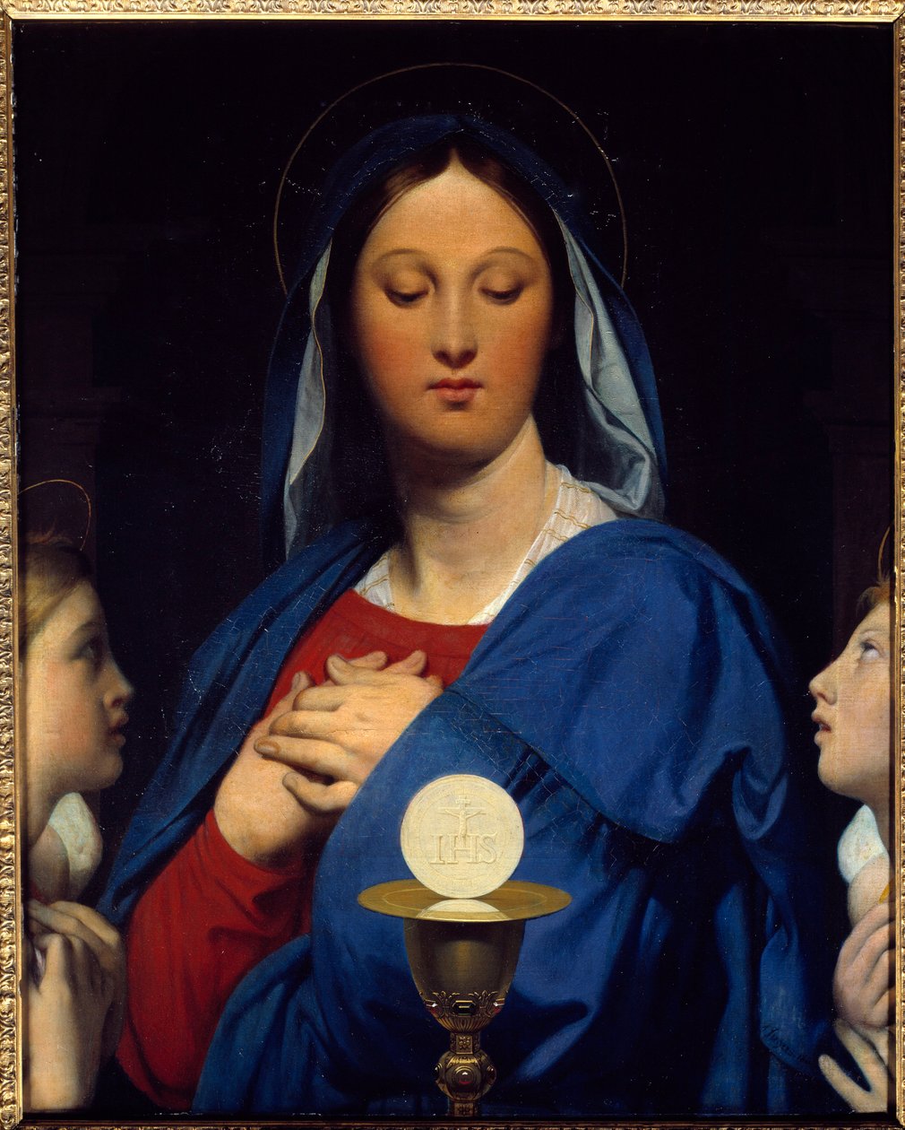 Panna má hostitele. Symboly přijímání: Předmět eucharistie (hostie jako tělo Kristovo a víno z kalicha jako jeho krev). Obraz Jean Auguste Dominique Ingres (1780-1867) od Jean Auguste Dominique Ingres