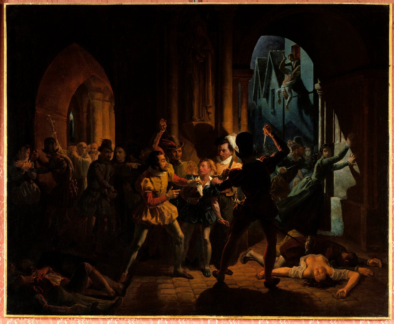 Maxmilián z Bethune uniká masakru svatého Bartoloměje. Maxmilián z Bethune (který se stal vévodou ze Sully 1559-1641), vychován na burgundské koleji v Paříži, byl zachráněn Jindřichem Navarrským (1553-1610) (tehdejším králem Jindřichem IV.) a stal se jeho  od Jean Auguste Dubouloz