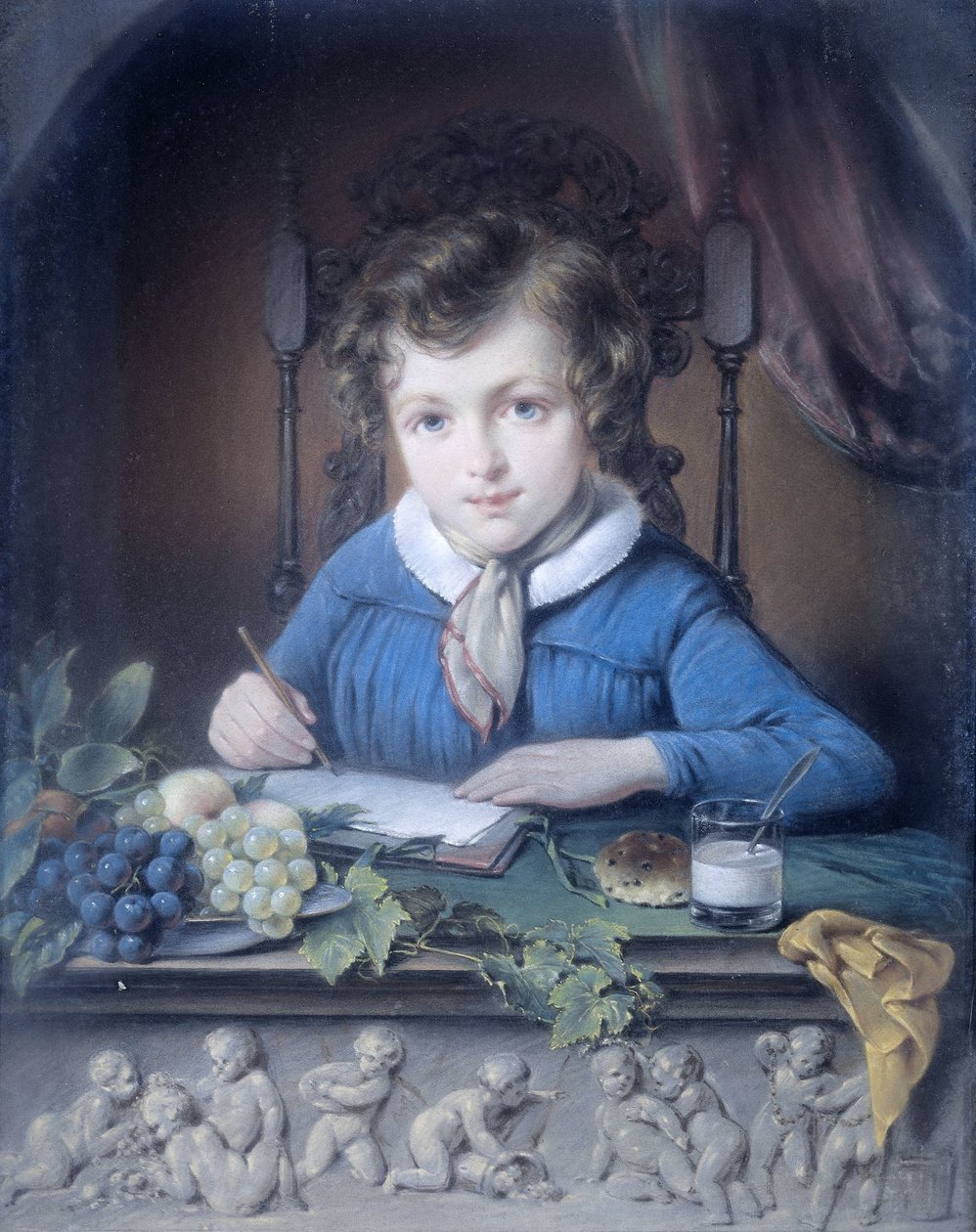 Portrét chlapce, který sedí v okenním výklenku a má na sobě modrou bundu od Jean Augustin Daiwaille (attributed to)