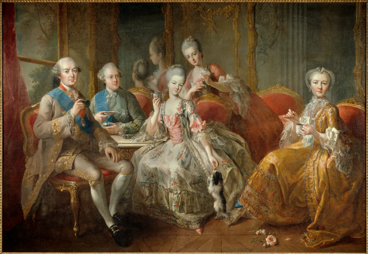 Rodina vévody z Penthievre v roce 1768 nebo „La Tasse de Chocolat“: znovu spojené portréty vévody z Penthievre (1725–1793), jeho syna prince z Lamballe (1747–1768), princezny z Lamballe (1749 -1792), jeho dcery Mademoiselle de Penthi od Jean Baptiste Charpentier