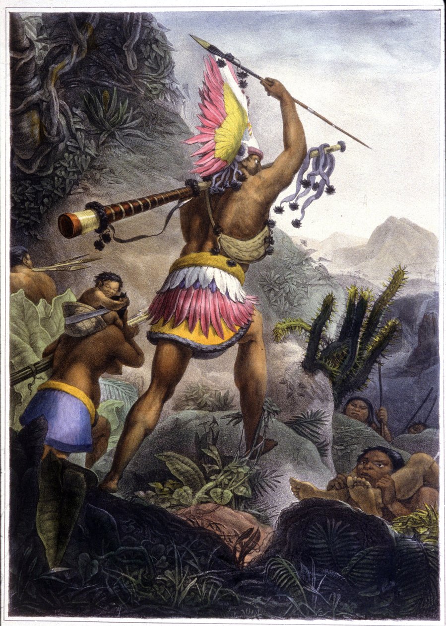 Coroado Indian dává signál k odchodu do důchodu, 1839 (barevné lito) od Jean Baptiste (after) Debret