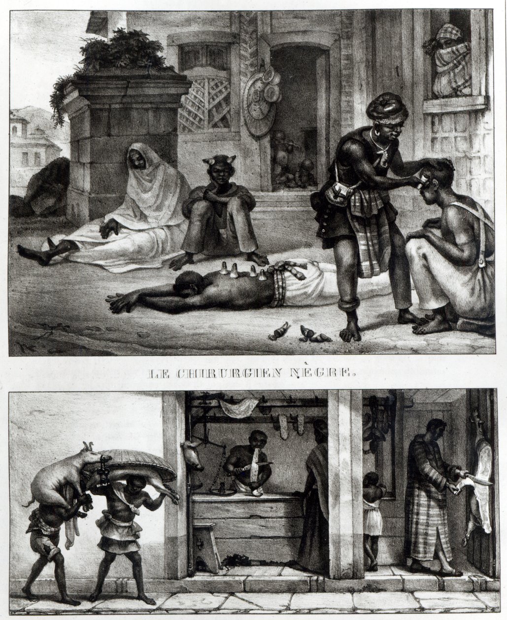 Černý chirurg; Prodejna prodavače vepřového masa (litho) (černobílá fotografie) od Jean Baptiste (after) Debret