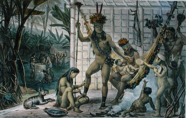 Rodina indiánského náčelníka Camacan se připravuje na festival, ilustrace z „Voyage Pittoresque et Historique au Bresil“, od Jean-Baptise Debreta (1768-1848), vydaného v Paříži od Jean Baptiste (after) Debret