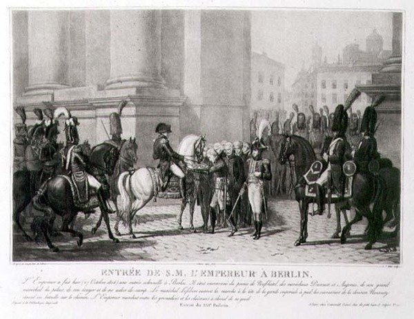 Vjezd Napoleona do Berlína v říjnu 1806, vyrytý Louis Jean Allais (1762-1833) (litho) od Jean Baptiste (after) Debret