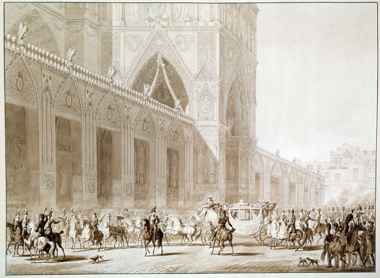 Příjezd v kočáru císaře Napoleona I. (1769-1821) a imprese Josephine de Beauharnais (1763-1814) do katedrály Notre Dame de Paris v Den posvátného tisku po „Knize posvátné“ od Jean Baptiste Isabey ( 1767-1855) 19. století od Jean Baptiste (after) Isabey