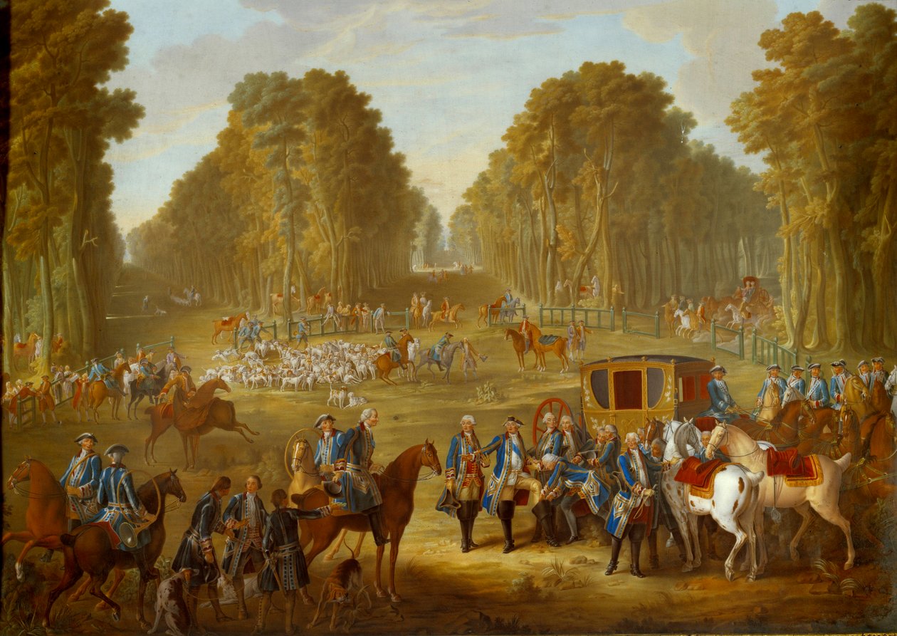 Deska zobrazující lov Ludvíka XVI.: setkání na křižovatce studny du Roi v lese Compiegne. Malba na měkkém porcelánu Nicolas Pierre Pithou l