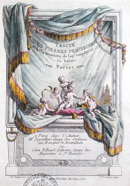 Frontispis k „Zachází s drahými kameny a jak je používat k ozdobení“ od bratří Pougetů, vyryl P. F. Courtois od Jean Baptiste (after) Piauger