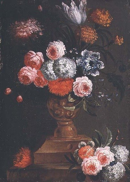 Tulipány, měsíčky, kalina, pomněnky, růže a další květiny v urně od Jean Baptiste (attr. to) Bosschaert