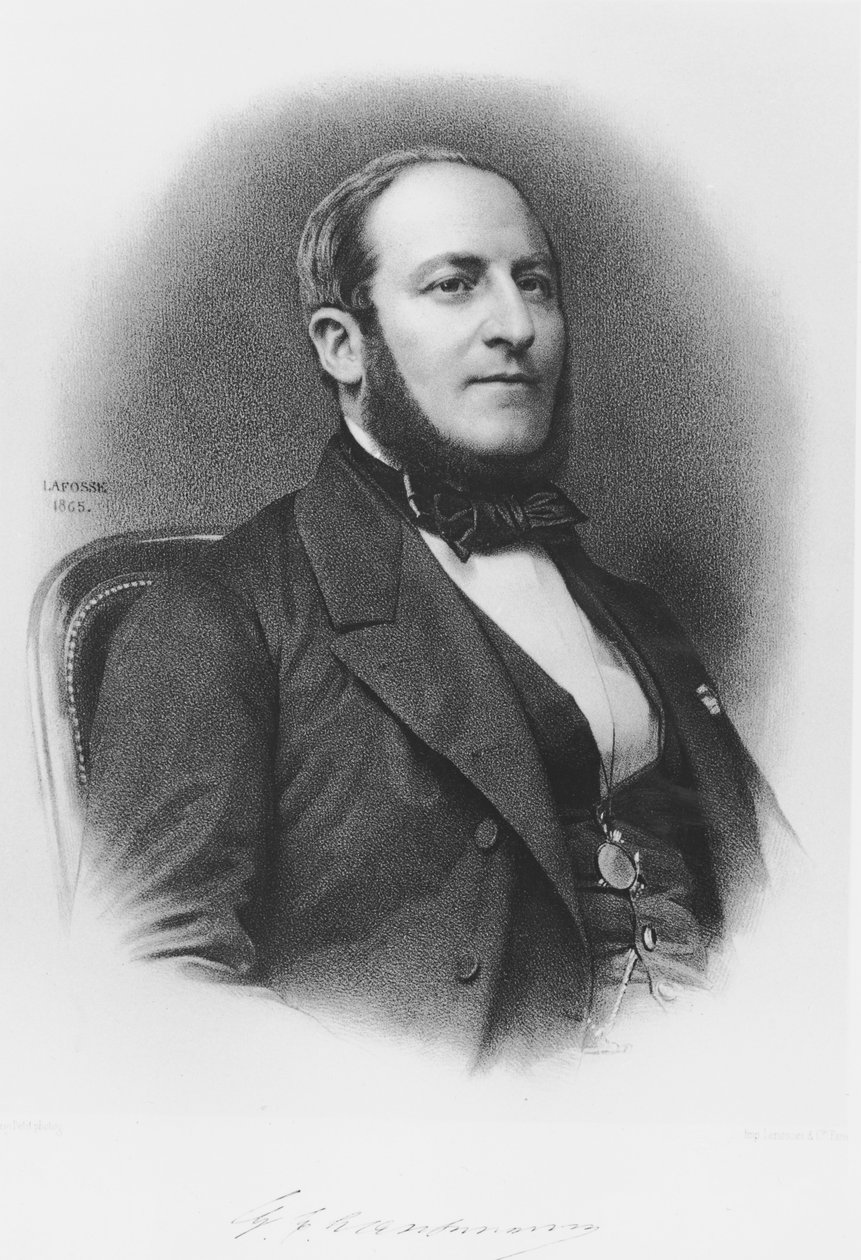 Portrét barona Georgese Eugene Haussmann (1809-91), 1865 (č. rytina) od Jean Baptiste Adolphe Lafosse