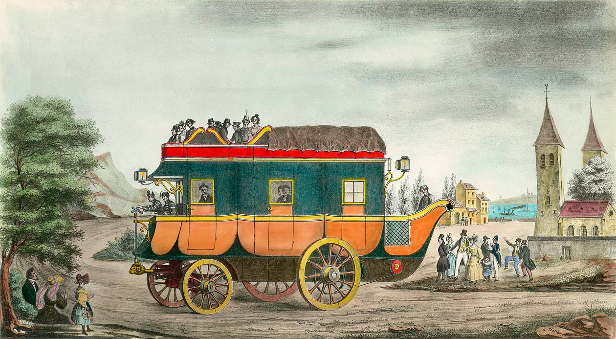 Auto (nebo píle) má páru: Francouzský vynález z roku 1835. Rytina Ange Tissier (1814-1876). 1835. Soukromá sbírka od Jean Baptiste Ange Tissier