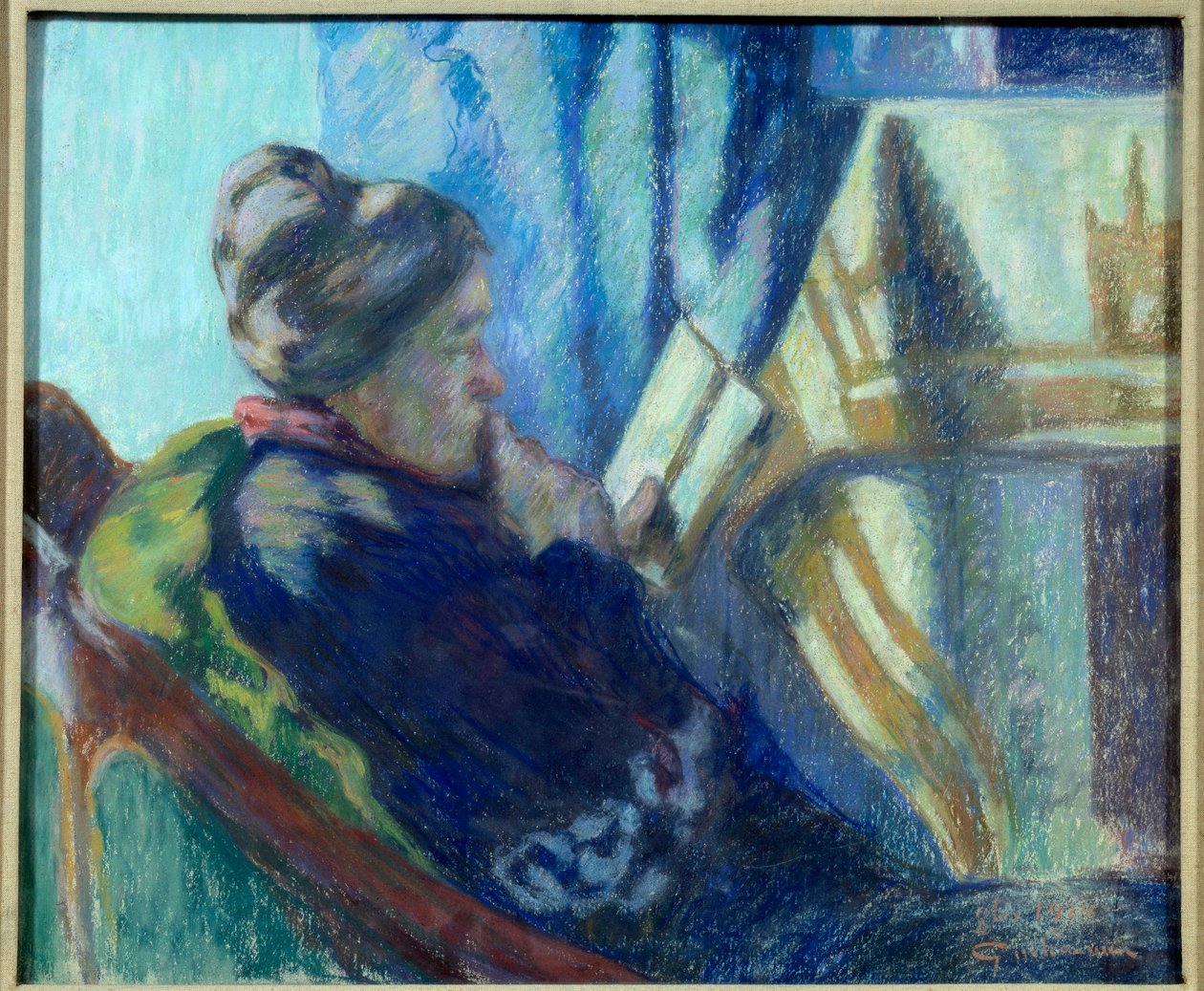 Čtení Stará žena čte knihu v křesle. Obraz Jean Baptiste Armand Guillaumin (1841-1927) Metz 19. století, Musee des Beaux Arts od Jean Baptiste Armand Guillaumin