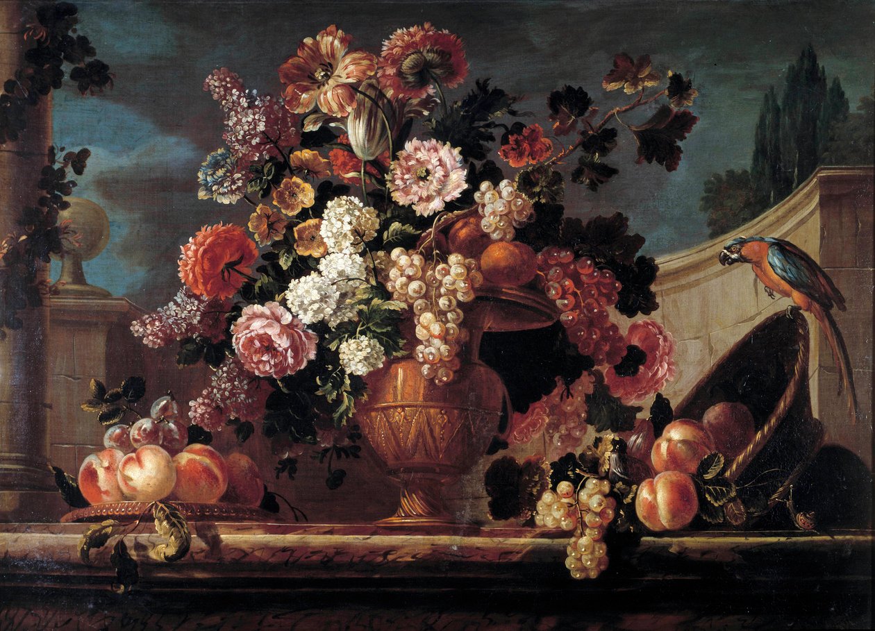 Květiny, ovoce a papoušci Obraz Jeana Blina (nebo Blaina či Belina) z Fontenay (1653-1715) Orleans z 18. století. Muzeum výtvarných umění od Jean Baptiste Belin de Fontenay
