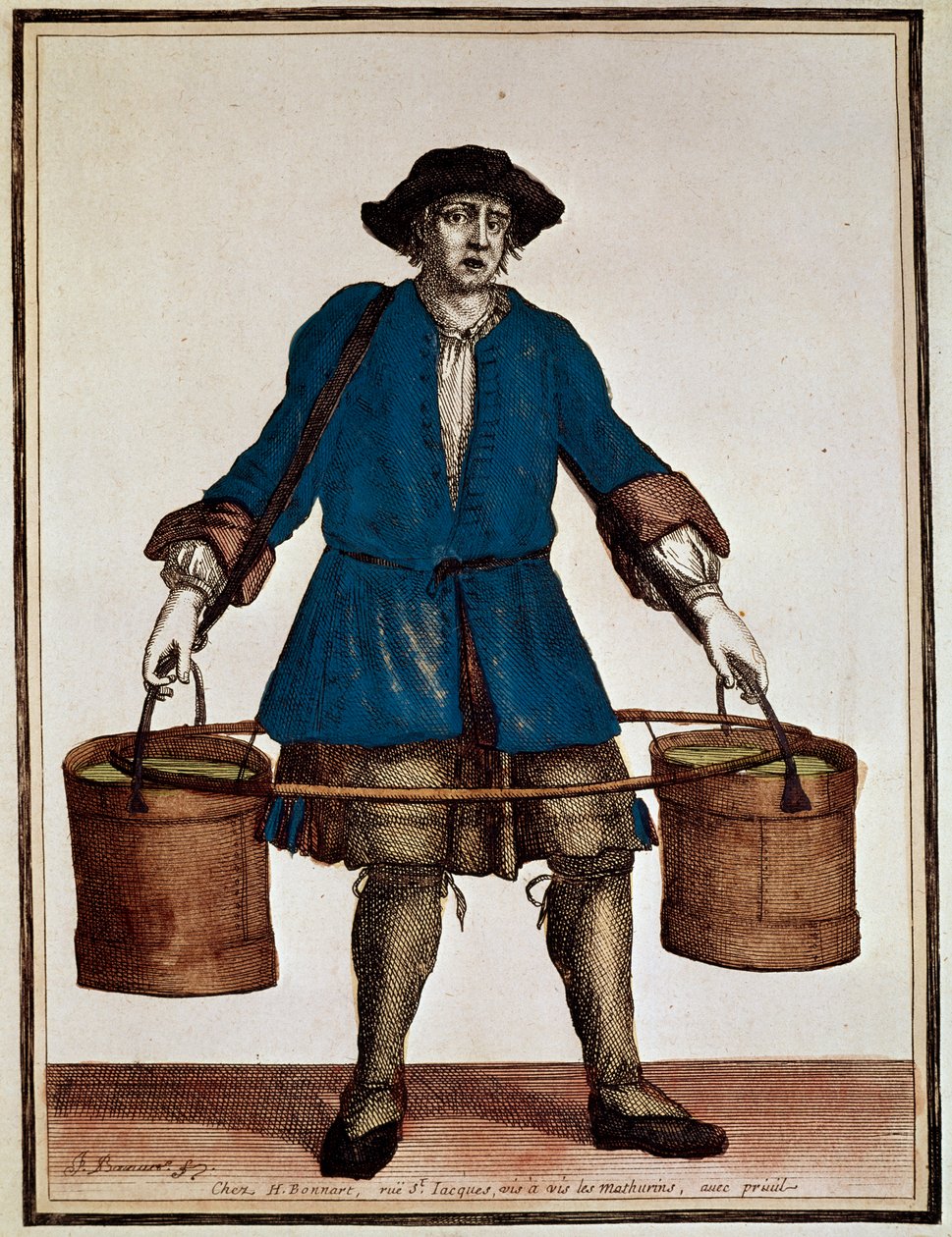 Nosič vody, barevná rytina Henri Bonnart (1642-1711) a Jean Baptiste Bonnart (1654-1726), z Recueil des modes de la cour de France od Jean Baptiste Bonnart