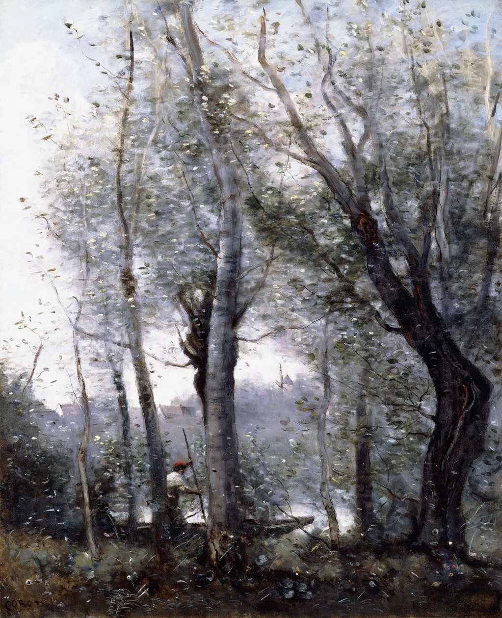 Člun procházející za stromy na pobřeží, 1865-70 od Jean Baptiste Camille Corot