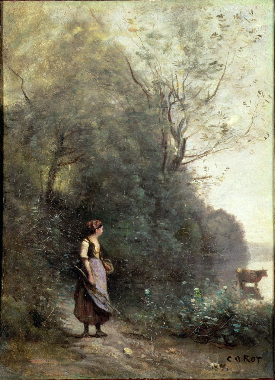 Rolnice pasoucí krávu na okraji lesa, cca 1865-70 od Jean Baptiste Camille Corot