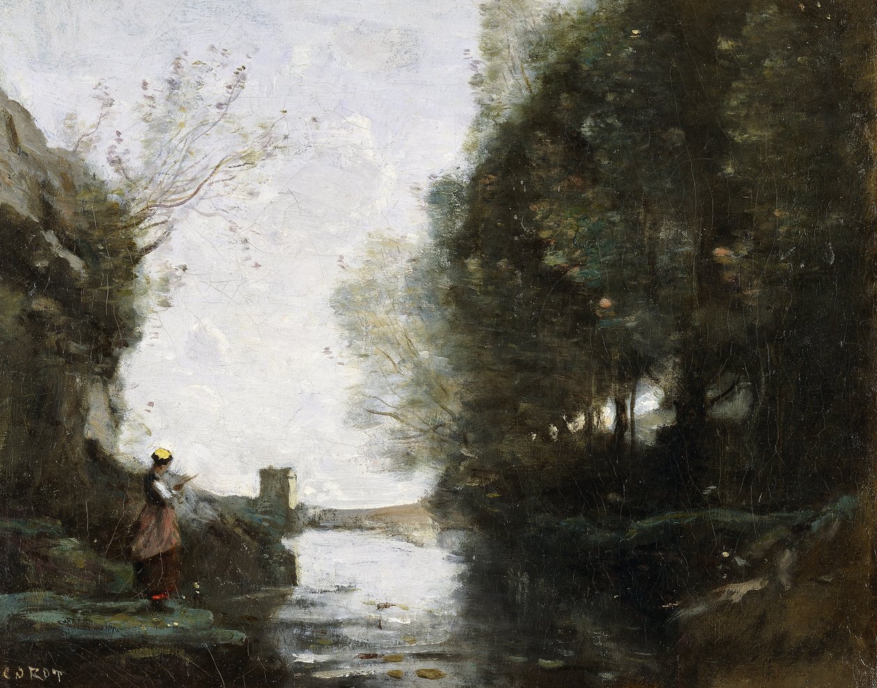 Řeka se čtvercovou věží a farmářem v popředí, c.1865-70 od Jean Baptiste Camille Corot