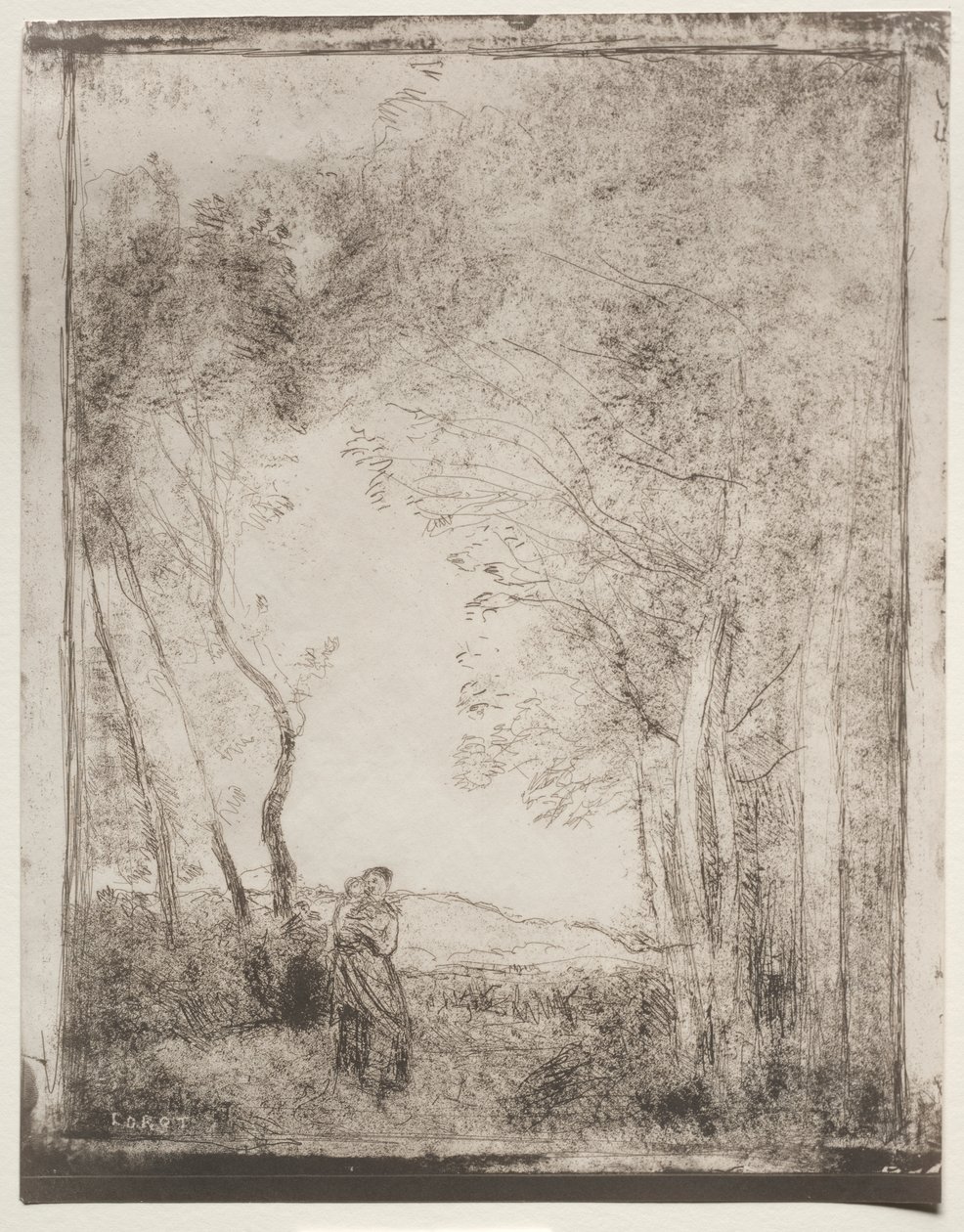 Mladá matka u vchodu do lesa od Jean Baptiste Camille Corot