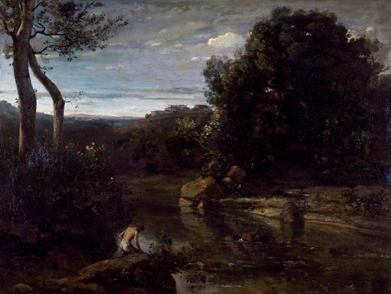 Pastor koupání, Jean-Baptiste-Camille Corot (1796-1875). od Jean Baptiste Camille Corot