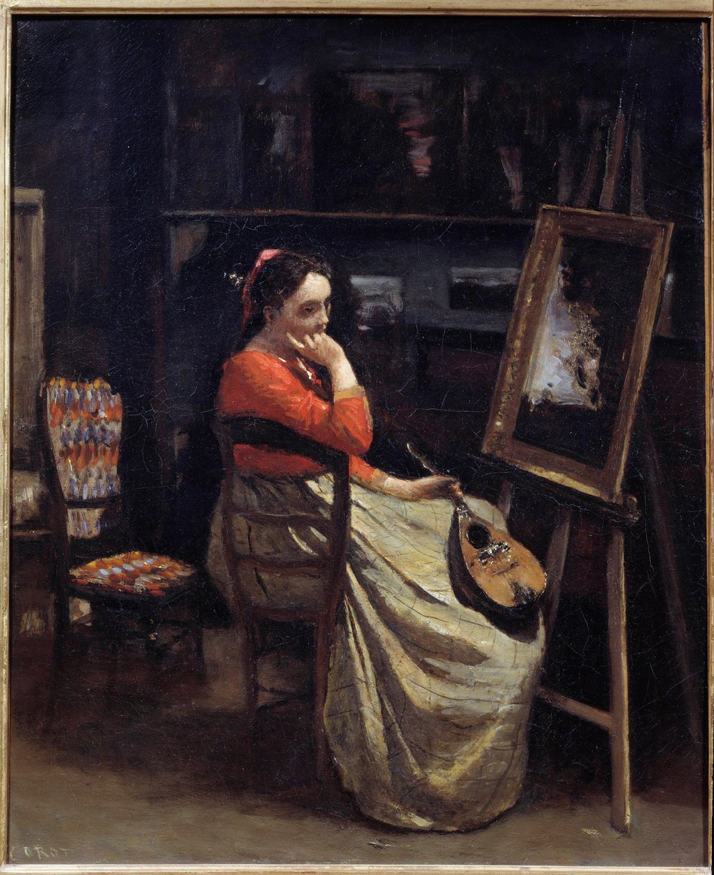 Zamyšlená mladá žena s mandolínou v ruce v ateliéru malíře Obraz Camille Corot (1796-1875) 1865 Ne. 0,56x0,46 m Paříž, Musee d
